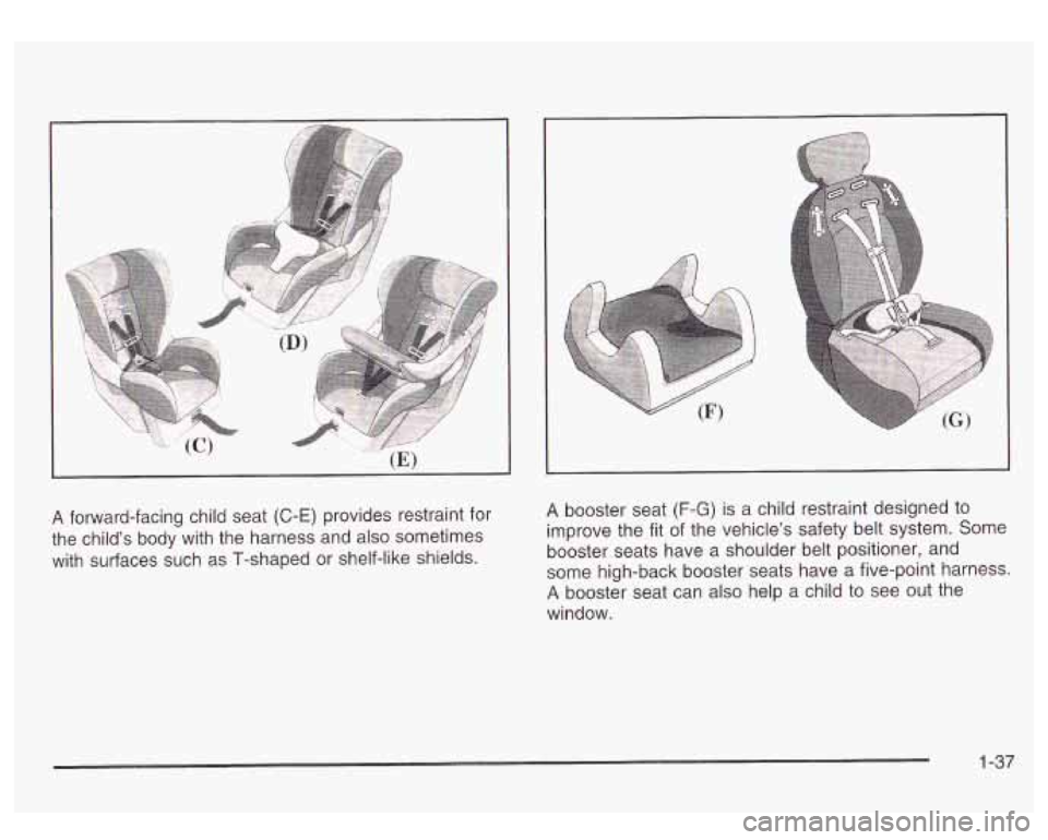 GMC SIERRA DENALI 2003  Owners Manual I 
A forward-facing child seat (C-E) provides restraint for 
the  child’s  body  with  the  harness  and also  sometimes 
with  surfaces  such  as T-shaped  or  shelf-like shields. 
I 
I 
A booster 