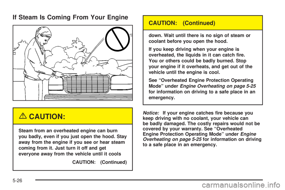 GMC YUKON DENALI 2004  Owners Manual If Steam Is Coming From Your Engine
{CAUTION:
Steam from an overheated engine can burn
you badly, even if you just open the hood. Stay
away from the engine if you see or hear steam
coming from it. Jus