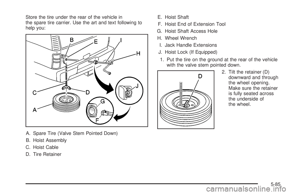 GMC YUKON DENALI 2004  Owners Manual Store the tire under the rear of the vehicle in
the spare tire carrier. Use the art and text following to
help you:
A. Spare Tire (Valve Stem Pointed Down)
B. Hoist Assembly
C. Hoist Cable
D. Tire Ret