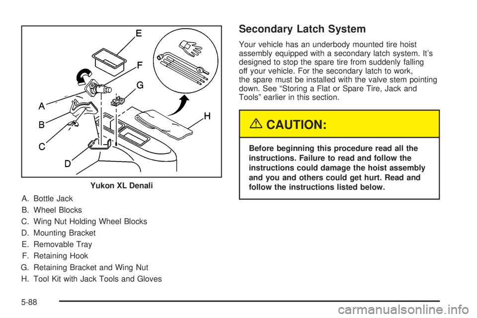 GMC YUKON DENALI 2004  Owners Manual A. Bottle Jack
B. Wheel Blocks
C. Wing Nut Holding Wheel Blocks
D. Mounting Bracket
E. Removable Tray
F. Retaining Hook
G. Retaining Bracket and Wing Nut
H. Tool Kit with Jack Tools and Gloves
Seconda