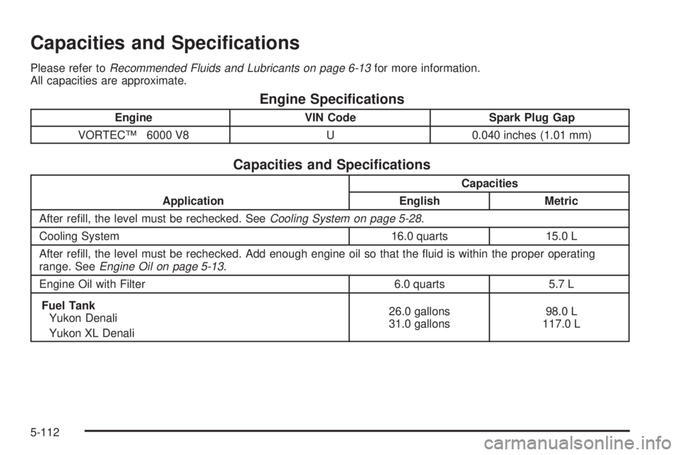 GMC YUKON DENALI 2004  Owners Manual Capacities and Speci®cations
Please refer toRecommended Fluids and Lubricants on page 6-13for more information.
All capacities are approximate.
Engine Speci®cations
Engine VIN Code Spark Plug Gap
VO