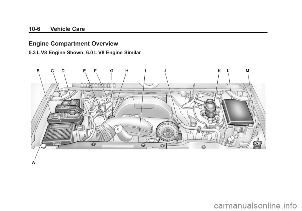 GMC YUKON XL 2011  Owners Manual Black plate (6,1)GMC Yukon/Yukon XL Owner Manual - 2011
10-6 Vehicle Care
Engine Compartment Overview
5.3 L V8 Engine Shown, 6.0 L V8 Engine Similar 