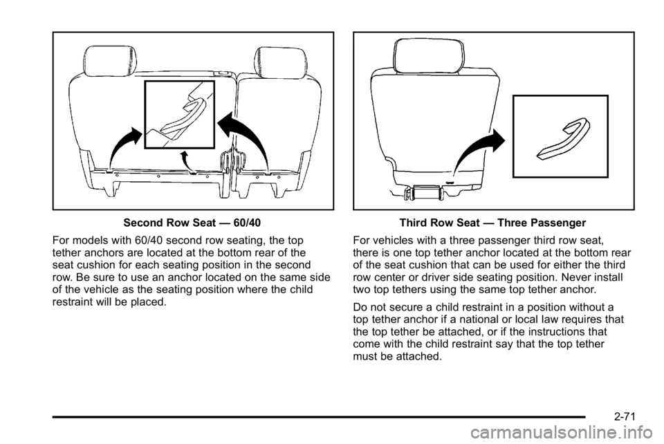 GMC YUKON XL 2010  Owners Manual Second Row Seat—60/40
For models with 60/40 second row seating, the top
tether anchors are located at the bottom rear of the
seat cushion for each seating position in the second
row. Be sure to use 