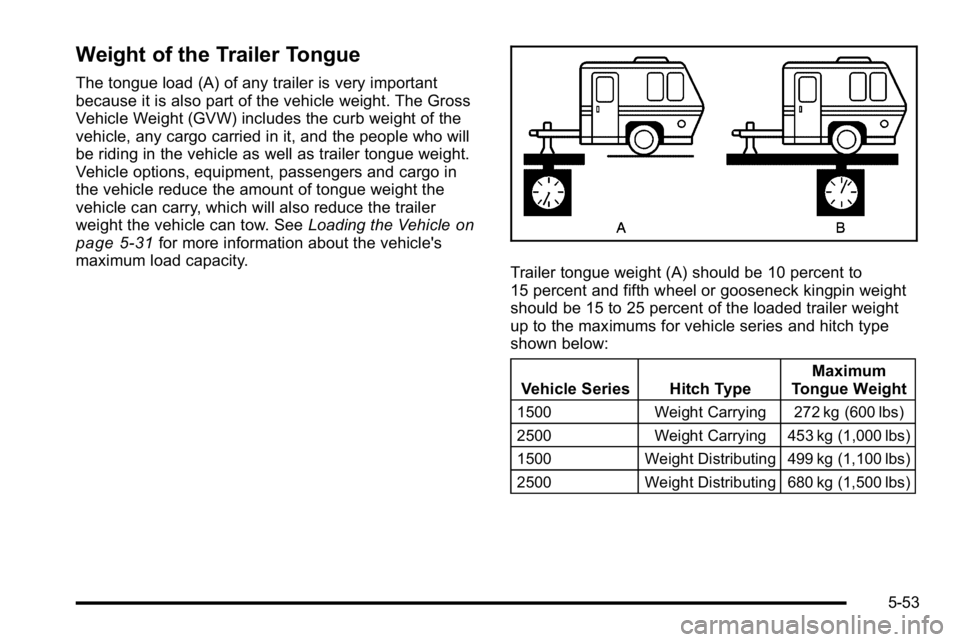 GMC YUKON XL 2010 Owners Manual Weight of the Trailer Tongue
The tongue load (A) of any trailer is very important
because it is also part of the vehicle weight. The Gross
Vehicle Weight (GVW) includes the curb weight of the
vehicle, GMC YUKON XL 2010 Owners Manual Weight of the Trailer Tongue
The tongue load (A) of any trailer is very important
because it is also part of the vehicle weight. The Gross
Vehicle Weight (GVW) includes the curb weight of the
vehicle,
