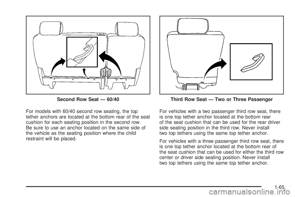 GMC YUKON XL 2008  Owners Manual For models with 60/40 second row seating, the top
tether anchors are located at the bottom rear of the seat
cushion for each seating position in the second row.
Be sure to use an anchor located on the
