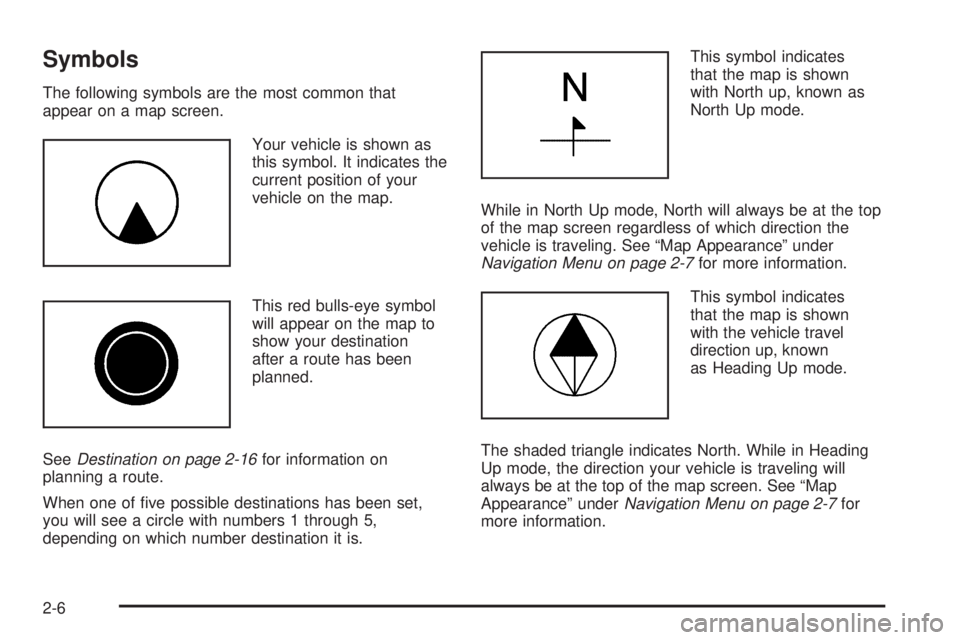 GMC YUKON XL DENALI 2005  Owners Manual Symbols
The following symbols are the most common that
appear on a map screen.
Your vehicle is shown as
this symbol. It indicates the
current position of your
vehicle on the map.
This red bulls-eye sy