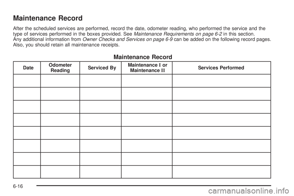 GMC YUKON XL DENALI 2004  Owners Manual Maintenance Record
After the scheduled services are performed, record the date, odometer reading, who performed the service and the
type of services performed in the boxes provided. SeeMaintenance Req