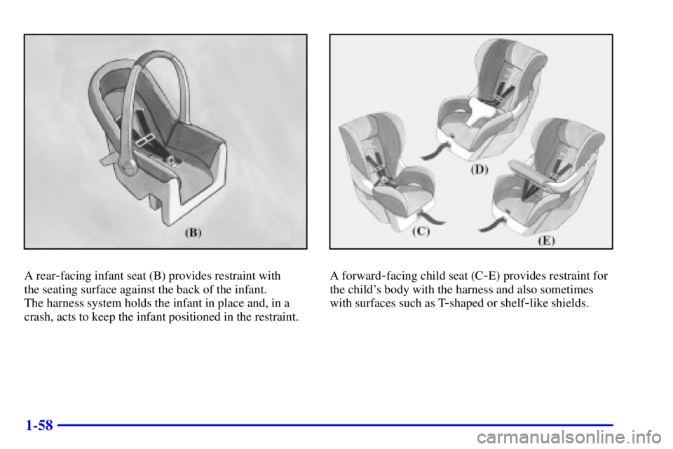 GMC YUKON XL DENALI 2001  Owners Manual 1-58
A rear-facing infant seat (B) provides restraint with 
the seating surface against the back of the infant. 
The harness system holds the infant in place and, in a
crash, acts to keep the infant p