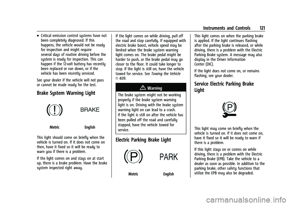 GMC SIERRA 2022  Owners Manual GMC Sierra/Sierra Denali 1500 Owner Manual (GMNA-Localizing-U.S./
Canada/Mexico-15883563) - 2022 - CRC - 11/19/21
Instruments and Controls 121
.Critical emission control systems have not
been complete