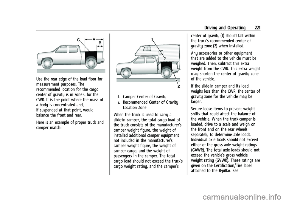 GMC SIERRA 2022  Owners Manual GMC Sierra/Sierra Denali 1500 Owner Manual (GMNA-Localizing-U.S./
Canada/Mexico-15883563) - 2022 - CRC - 11/19/21
Driving and Operating 221
Use the rear edge of the load floor for
measurement purposes