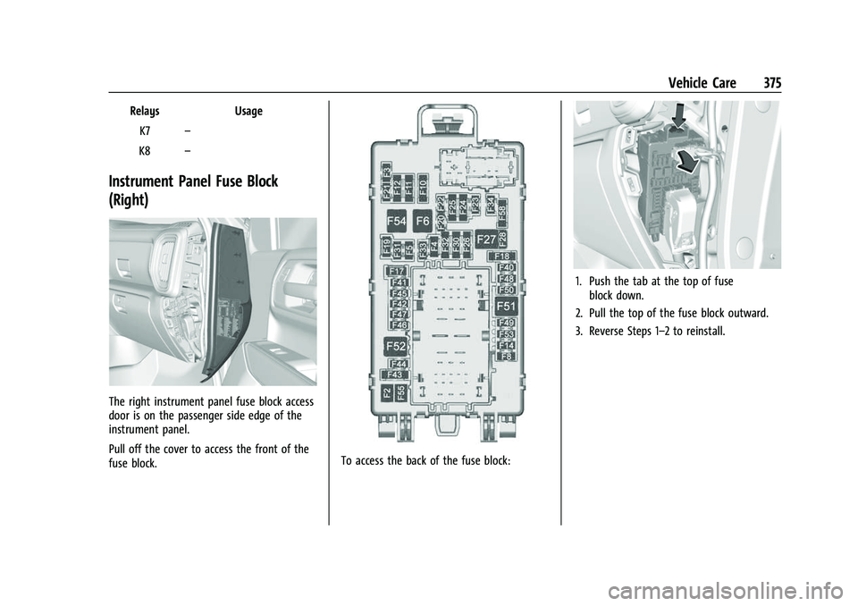 GMC SIERRA 2022  Owners Manual GMC Sierra/Sierra Denali 1500 Owner Manual (GMNA-Localizing-U.S./
Canada/Mexico-15883563) - 2022 - CRC - 11/19/21
Vehicle Care 375
RelaysUsage
K7 –
K8 –
Instrument Panel Fuse Block
(Right)
The rig