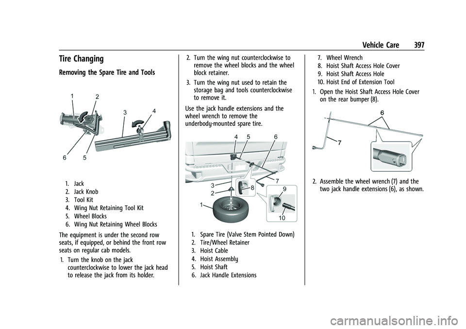 GMC SIERRA 2022 Owners Manual GMC Sierra/Sierra Denali 1500 Owner Manual (GMNA-Localizing-U.S./
Canada/Mexico-15883563) - 2022 - CRC - 11/19/21
Vehicle Care 397
Tire Changing
Removing the Spare Tire and Tools
1. Jack
2. Jack Knob
GMC SIERRA 2022 Owners Manual GMC Sierra/Sierra Denali 1500 Owner Manual (GMNA-Localizing-U.S./
Canada/Mexico-15883563) - 2022 - CRC - 11/19/21
Vehicle Care 397
Tire Changing
Removing the Spare Tire and Tools
1. Jack
2. Jack Knob