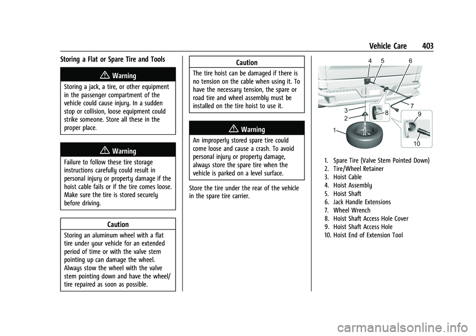 GMC SIERRA 2022  Owners Manual GMC Sierra/Sierra Denali 1500 Owner Manual (GMNA-Localizing-U.S./
Canada/Mexico-15883563) - 2022 - CRC - 11/19/21
Vehicle Care 403
Storing a Flat or Spare Tire and Tools
{Warning
Storing a jack, a tir