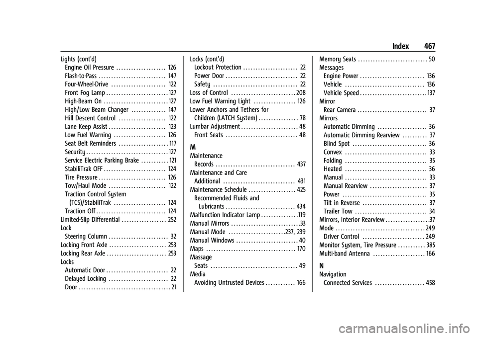 GMC SIERRA 2022  Owners Manual GMC Sierra/Sierra Denali 1500 Owner Manual (GMNA-Localizing-U.S./Cana-
da/Mexico-15883563) - 2022 - CRC - 11/19/21
Index 467
Lights (cont'd)Engine Oil Pressure . . . . . . . . . . . . . . . . . . 