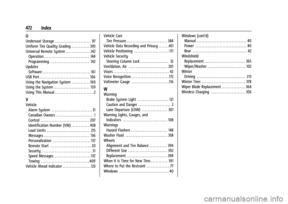 GMC SIERRA 2022  Owners Manual GMC Sierra/Sierra Denali 1500 Owner Manual (GMNA-Localizing-U.S./Cana-
da/Mexico-15883563) - 2022 - CRC - 11/19/21
472 Index
U
Underseat Storage . . . . . . . . . . . . . . . . . . . . . . . . 97
Unif