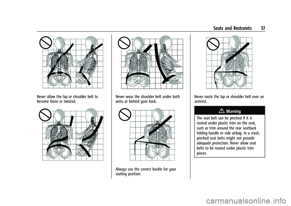 GMC SIERRA 2022  Owners Manual GMC Sierra/Sierra Denali 1500 Owner Manual (GMNA-Localizing-U.S./
Canada/Mexico-15883563) - 2022 - CRC - 11/19/21
Seats and Restraints 57
Never allow the lap or shoulder belt to
become loose or twiste