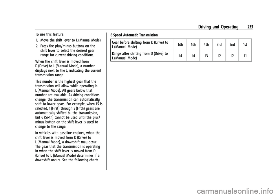GMC SIERRA 2023  Owners Manual GMC Sierra/Sierra Denali 2500 HD/3500 HD Owner Manual (GMNA-
Localizing-U.S./Canada-16504257) - 2023 - CRC - 5/9/22
Driving and Operating 233
To use this feature:1. Move the shift lever to L (Manual M