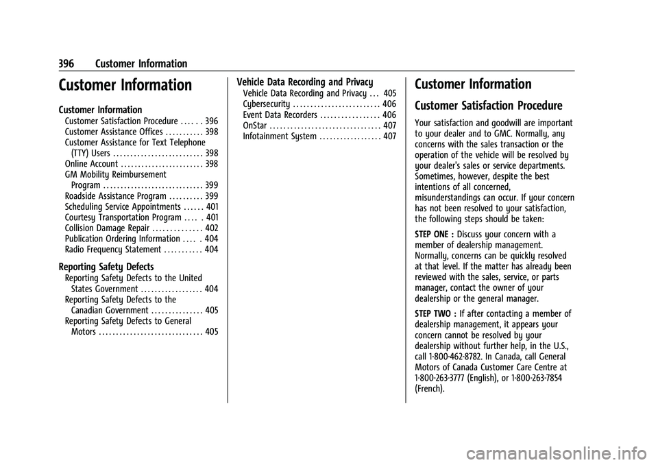 GMC SIERRA 2023  Owners Manual GMC Sierra/Sierra Denali 2500 HD/3500 HD Owner Manual (GMNA-
Localizing-U.S./Canada-16504257) - 2023 - CRC - 5/9/22
396 Customer Information
Customer Information
Customer Information
Customer Satisfac