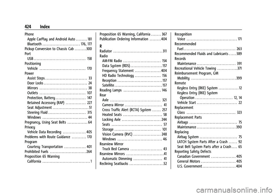 GMC SIERRA 2023  Owners Manual GMC Sierra/Sierra Denali 2500 HD/3500 HD Owner Manual (GMNA-
Localizing-U.S./Canada-16504257) - 2023 - CRC - 5/9/22
424 Index
PhoneApple CarPlay and Android Auto . . . . . . . . 181
Bluetooth . . . . 
