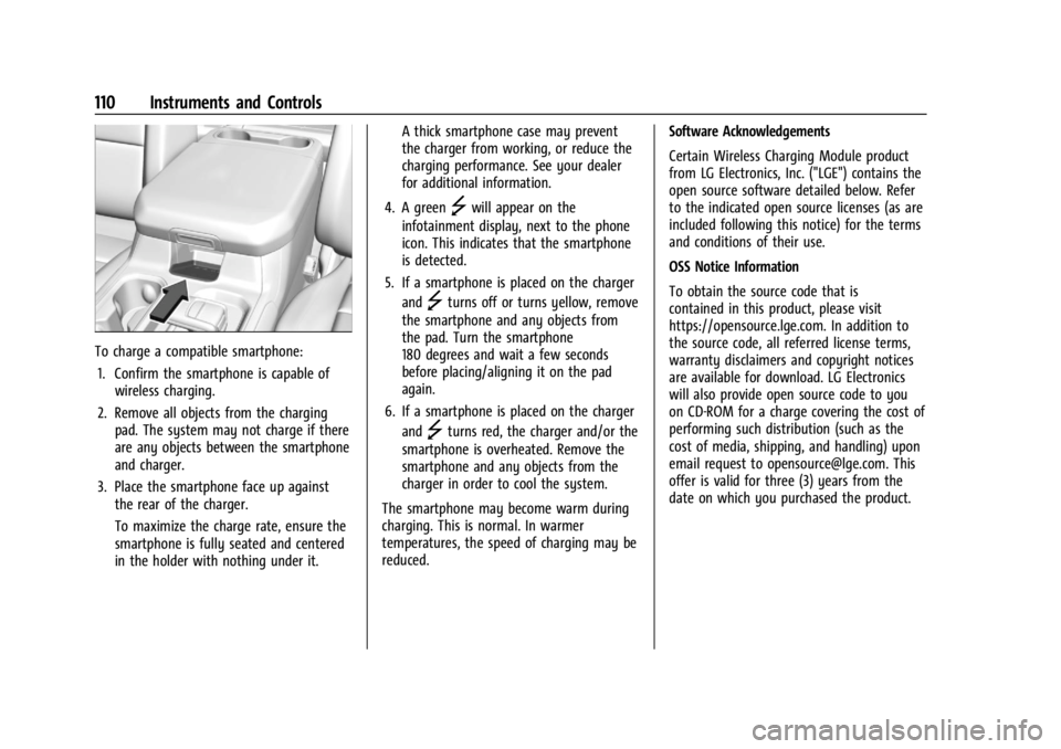 GMC SIERRA 2024  Owners Manual GMC Sierra/Sierra Denali 2500 HD/3500 HD Owner Manual (GMNA-
Localizing-U.S./Canada-16908340) - 2024 - CRC - 12/15/22
110 Instruments and Controls
To charge a compatible smartphone:1. Confirm the smar