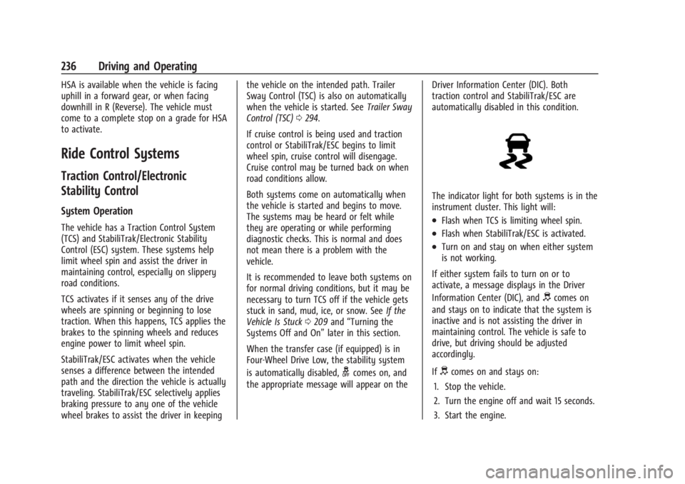 GMC SIERRA 2024  Owners Manual GMC Sierra/Sierra Denali 2500 HD/3500 HD Owner Manual (GMNA-
Localizing-U.S./Canada-16908340) - 2024 - CRC - 12/13/22
236 Driving and Operating
HSA is available when the vehicle is facing
uphill in a 
