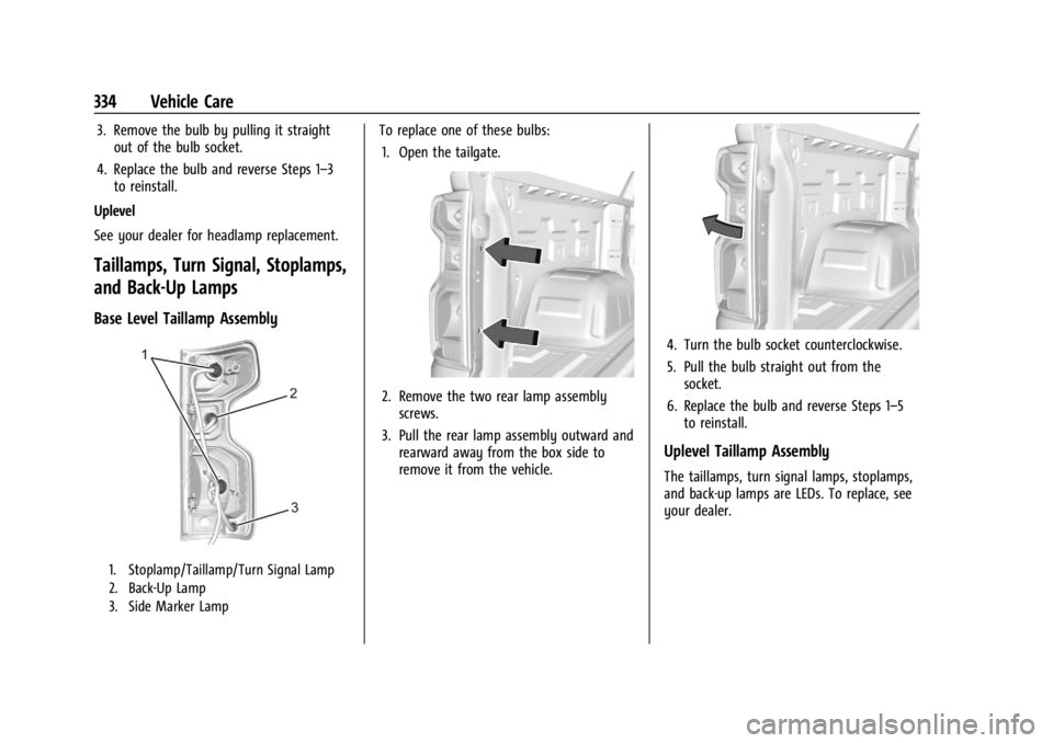 GMC SIERRA 2024  Owners Manual GMC Sierra/Sierra Denali 2500 HD/3500 HD Owner Manual (GMNA-
Localizing-U.S./Canada-16908340) - 2024 - CRC - 12/7/22
334 Vehicle Care
3. Remove the bulb by pulling it straightout of the bulb socket.
4