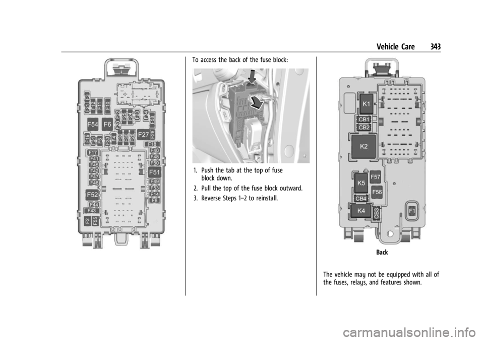 GMC SIERRA 2024  Owners Manual GMC Sierra/Sierra Denali 2500 HD/3500 HD Owner Manual (GMNA-
Localizing-U.S./Canada-16908340) - 2024 - CRC - 12/7/22
Vehicle Care 343
To access the back of the fuse block:
1. Push the tab at the top o