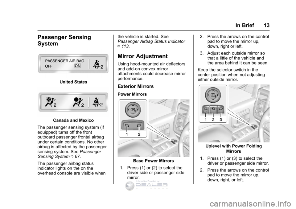 GMC SIERRA DENALI 2016  Owners Manual GMC Sierra Denali Owner Manual (GMNA-Localizing-U.S./Canada/Mexico-
9234761) - 2016 - crc - 7/24/15
In Brief 13
Passenger Sensing
System
United States
Canada and Mexico
The passenger sensing system (i