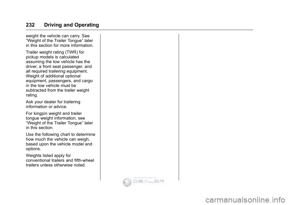 GMC SIERRA DENALI 2016  Owners Manual GMC Sierra Denali Owner Manual (GMNA-Localizing-U.S./Canada/Mexico-
9234761) - 2016 - crc - 7/24/15
232 Driving and Operating
weight the vehicle can carry. See
“Weight of the Trailer Tongue”later
