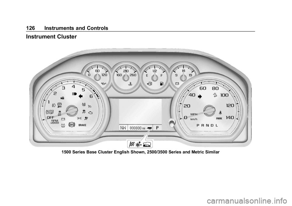 GMC SIERRA DENALI 2020  Owners Manual GMC Sierra/Sierra Denali Owner Manual (GMNA-Localizing-U.S./Canada/
Mexico-13337776) - 2020 - CRC - 8/27/19
126 Instruments and Controls
Instrument Cluster
1500 Series Base Cluster English Shown, 2500