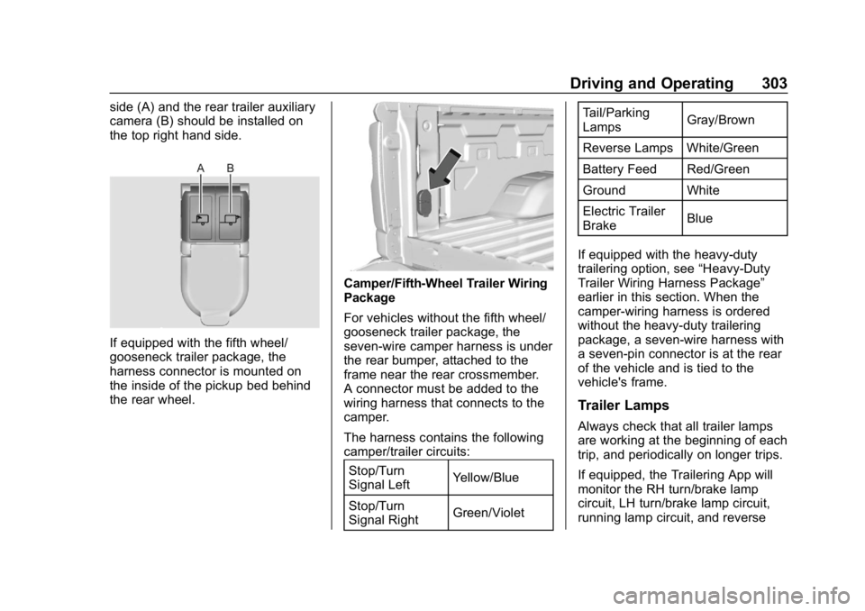 GMC SIERRA DENALI 2020  Owners Manual GMC Sierra/Sierra Denali Owner Manual (GMNA-Localizing-U.S./Canada/
Mexico-13337776) - 2020 - CRC - 8/27/19
Driving and Operating 303
side (A) and the rear trailer auxiliary
camera (B) should be insta