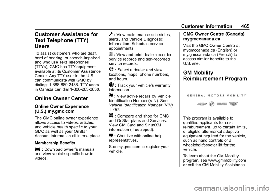GMC SIERRA DENALI 2020  Owners Manual GMC Sierra/Sierra Denali Owner Manual (GMNA-Localizing-U.S./Canada/
Mexico-13337776) - 2020 - CRC - 8/27/19
Customer Information 465
Customer Assistance for
Text Telephone (TTY)
Users
To assist custom