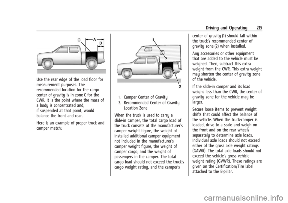 GMC SIERRA DENALI 2024  Owners Manual GMC Sierra/Sierra Denali 2500 HD/3500 HD Owner Manual (GMNA-
Localizing-U.S./Canada-16908340) - 2024 - CRC - 12/13/22
Driving and Operating 215
Use the rear edge of the load floor for
measurement purp