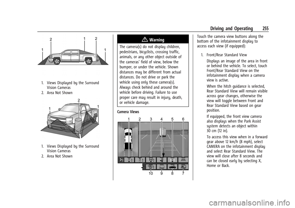 GMC SIERRA DENALI 2024  Owners Manual GMC Sierra/Sierra Denali 2500 HD/3500 HD Owner Manual (GMNA-
Localizing-U.S./Canada-16908340) - 2024 - CRC - 12/13/22
Driving and Operating 255
1. Views Displayed by the SurroundVision Cameras
2. Area