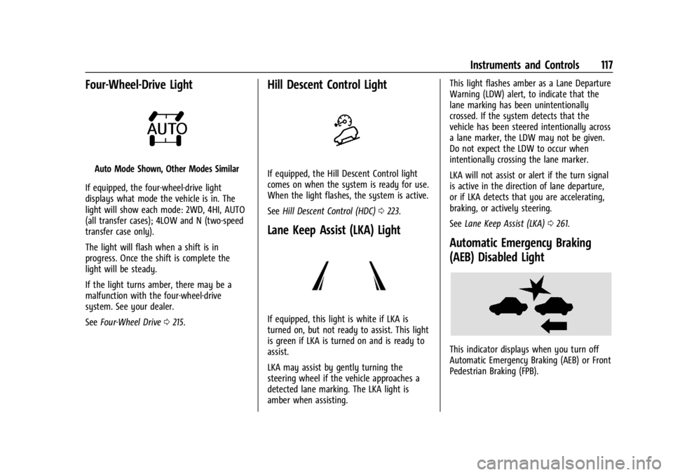 GMC YUKON 2022  Owners Manual GMC Yukon/Yukon XL/Denali Owner Manual (GMNA-Localizing-U.S./
Canada/Mexico-15555988) - 2022 - CRC - 12/3/21
Instruments and Controls 117
Four-Wheel-Drive Light
Auto Mode Shown, Other Modes Similar
If