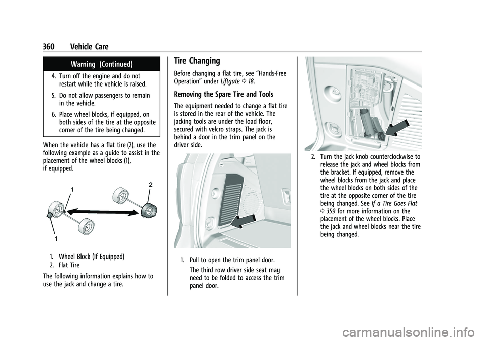 GMC YUKON DENALI 2023  Owners Manual GMC Yukon/Yukon XL/Denali Owner Manual (GMNA-Localizing-U.S./
Canada/Mexico-16417394) - 2023 - CRC - 4/26/22
360 Vehicle Care
Warning (Continued)
4. Turn off the engine and do notrestart while the veh