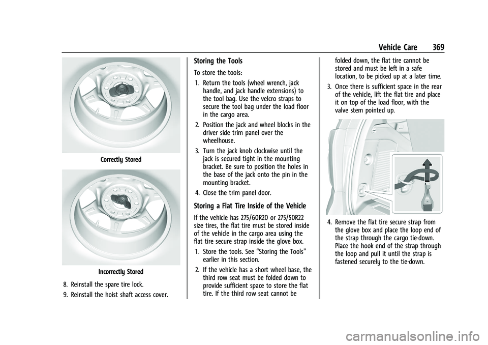GMC YUKON DENALI 2023  Owners Manual GMC Yukon/Yukon XL/Denali Owner Manual (GMNA-Localizing-U.S./
Canada/Mexico-16417394) - 2023 - CRC - 4/26/22
Vehicle Care 369
Correctly Stored
Incorrectly Stored
8. Reinstall the spare tire lock.
9. R