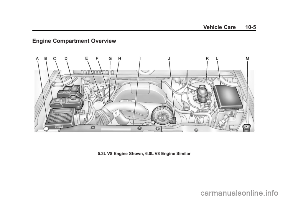 GMC YUKON XL 2013  Owners Manual Black plate (5,1)GMC Yukon/Yukon XL Owner Manual - 2013 - CRC 2nd edition - 8/15/12
Vehicle Care 10-5
Engine Compartment Overview
5.3L V8 Engine Shown, 6.0L V8 Engine Similar 
