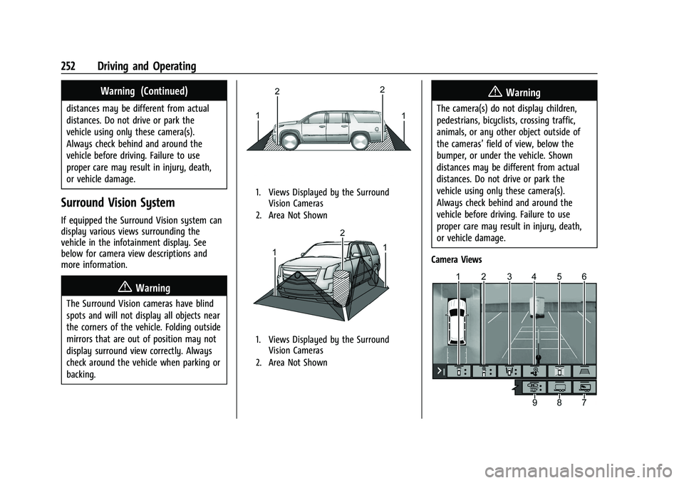 GMC YUKON XL 2023 Owners Manual GMC Yukon/Yukon XL/Denali Owner Manual (GMNA-Localizing-U.S./
Canada/Mexico-16417394) - 2023 - CRC - 5/16/22
252 Driving and Operating
Warning (Continued)
distances may be different from actual
distan GMC YUKON XL 2023 Owners Manual GMC Yukon/Yukon XL/Denali Owner Manual (GMNA-Localizing-U.S./
Canada/Mexico-16417394) - 2023 - CRC - 5/16/22
252 Driving and Operating
Warning (Continued)
distances may be different from actual
distan