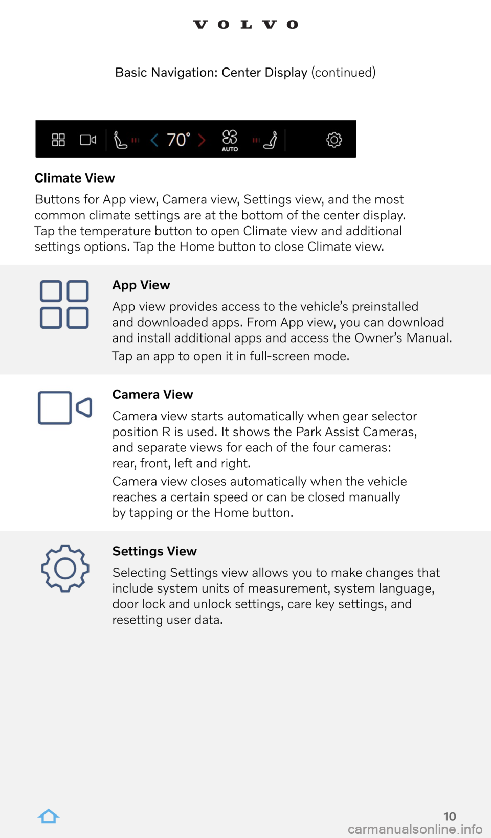 VOLVO XC60 RECHARGE 2022 Google Digital Guide 10
App View
App view provides access to the vehicle’s preinstalled
and downloaded apps. From App view, you can download
and install additional apps and access the Owner’s Manual.
Tap an app to VOLVO XC60 RECHARGE 2022 Google Digital Guide 10
App View
App view provides access to the vehicle’s preinstalled
and downloaded apps. From App view, you can download
and install additional apps and access the Owner’s Manual.
Tap an app to