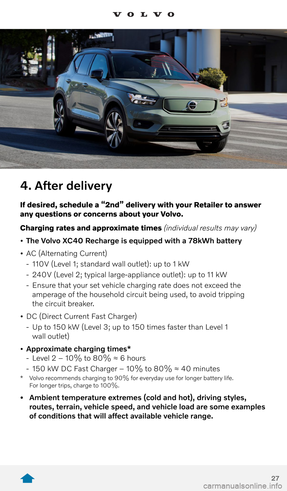 VOLVO XC40 RECHARGE PURE ELECTRIC 2021 Quick Guide 27
4. After delivery
If desired, schedule a “2nd” delivery with your Retailer to answer
any questions or concerns about your Volvo.
Charging rates and approximate times (individual results may VOLVO XC40 RECHARGE PURE ELECTRIC 2021 Quick Guide 27
4. After delivery
If desired, schedule a “2nd” delivery with your Retailer to answer
any questions or concerns about your Volvo.
Charging rates and approximate times (individual results may