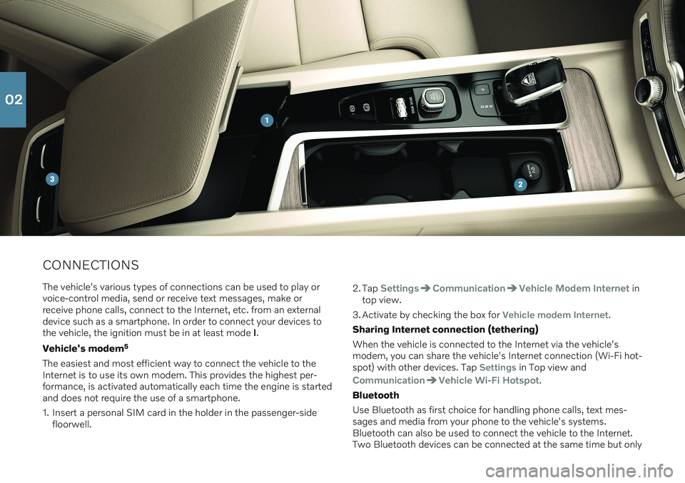 VOLVO XC60 2020  Quick Guide CONNECTIONSThe vehicle's various types of connections can be used to play or voice-control media, send or receive text messages, make orreceive phone calls, connect to the Internet, etc. from an e