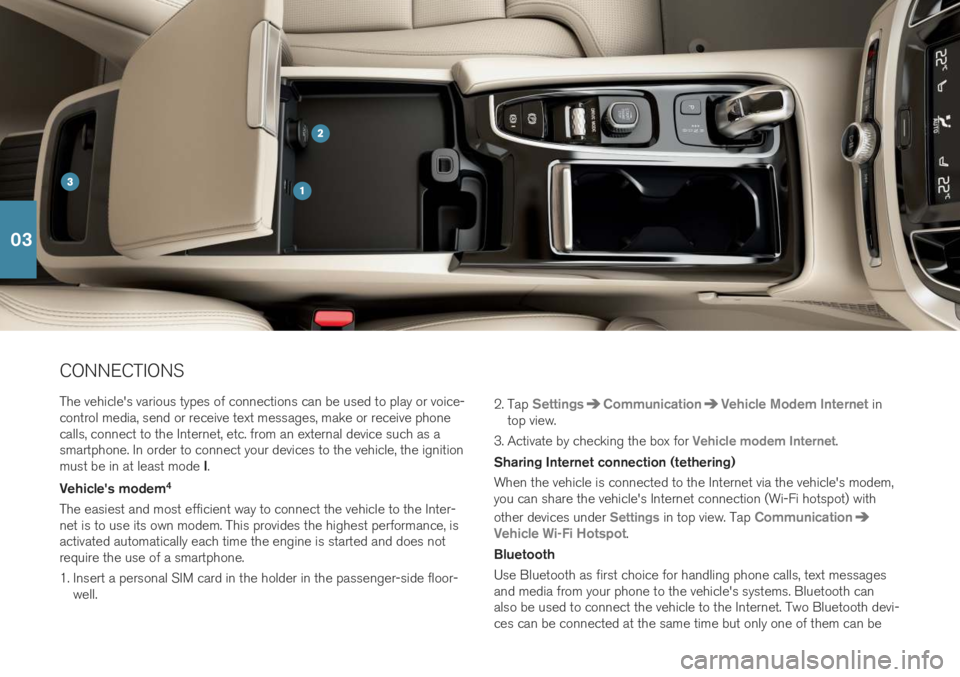 VOLVO S60T8 2019  Quick Guide CONNECTIONS The vehicle's various types of connections can be used to play or voice- control media, send or receive text messages, make or receive phonecalls, connect to the Internet, etc. from an