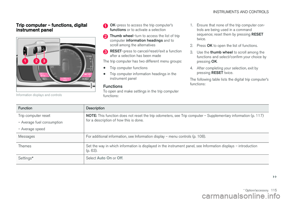 VOLVO S60 INSCRIPTION 2018  Owner´s Manual INSTRUMENTS AND CONTROLS
}}
* Option/accessory.115
Trip computer – functions, digital instrument panel
Information displays and controls
OK–press to access the trip computer's
functions  or to