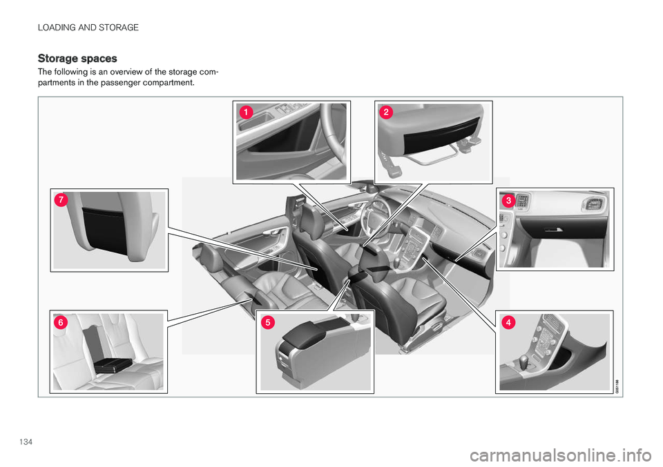 VOLVO S60 INSCRIPTION 2018  Owner´s Manual LOADING AND STORAGE
134
Storage spaces
The following is an overview of the storage com- partments in the passenger compartment.                 