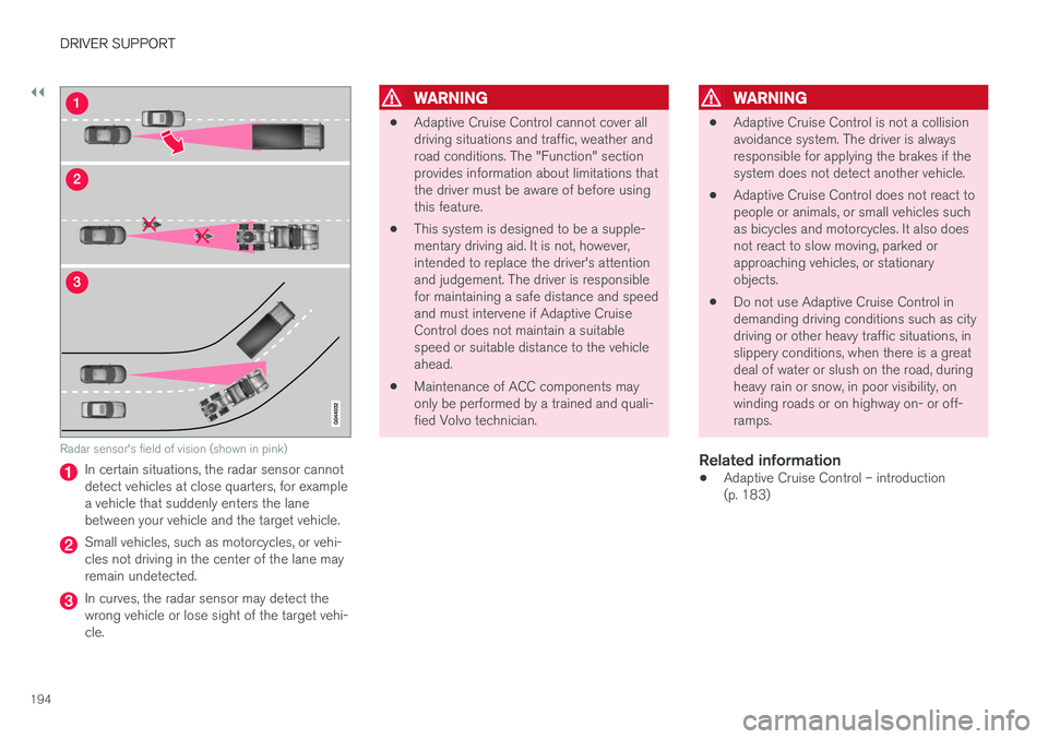 VOLVO V60 CROSS COUNTRY 2018 Owner´s Manual ||
DRIVER SUPPORT
194
Radar sensor's field of vision (shown in pink)
In certain situations, the radar sensor cannot detect vehicles at close quarters, for examplea vehicle that suddenly enters the VOLVO V60 CROSS COUNTRY 2018 Owner´s Manual ||
DRIVER SUPPORT
194
Radar sensor's field of vision (shown in pink)
In certain situations, the radar sensor cannot detect vehicles at close quarters, for examplea vehicle that suddenly enters the