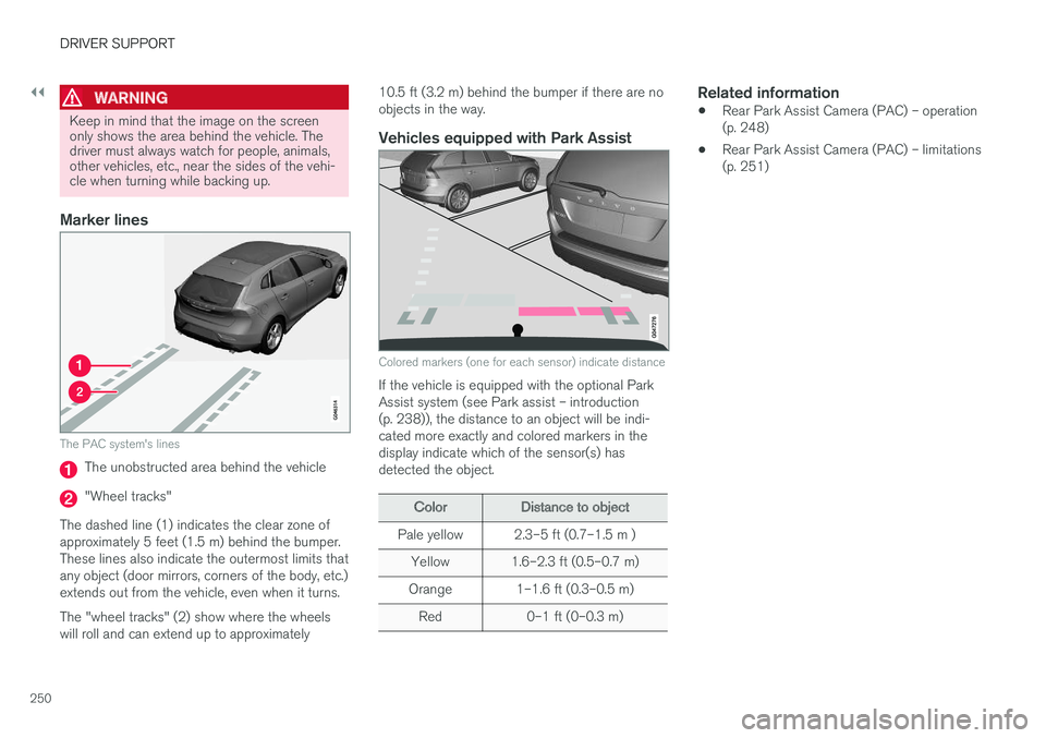 VOLVO V60 CROSS COUNTRY 2018  Owner´s Manual ||
DRIVER SUPPORT
250
WARNING
Keep in mind that the image on the screen only shows the area behind the vehicle. Thedriver must always watch for people, animals,other vehicles, etc., near the sides of 