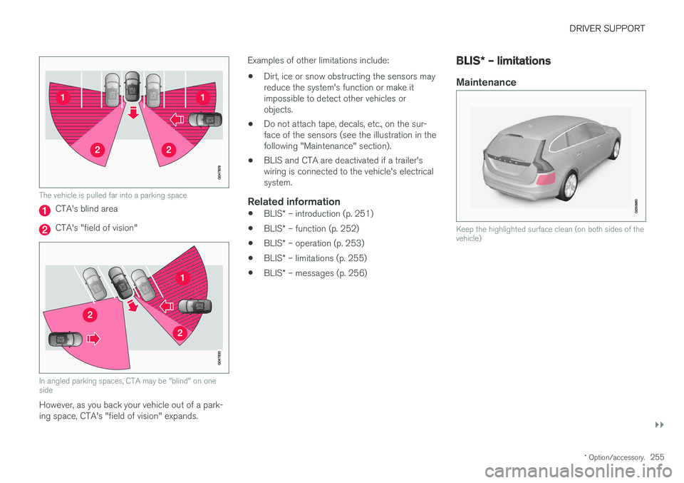 VOLVO V60 CROSS COUNTRY 2018  Owner´s Manual DRIVER SUPPORT
}}
* Option/accessory.255
The vehicle is pulled far into a parking space
CTA's blind area
CTA's "field of vision"
In angled parking spaces, CTA may be "blind" on