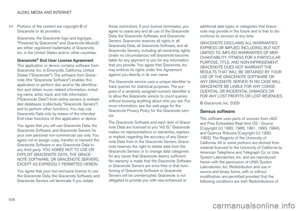VOLVO V90 2018 Owner´s Manual ||
AUDIO, MEDIA AND INTERNET
508Portions of the content are copyright
© of
Gracenote or its providers. Gracenote, the Gracenote logo and logotype, "Powered by Gracenote" and Gracenote MusicI VOLVO V90 2018 Owner´s Manual ||
AUDIO, MEDIA AND INTERNET
508Portions of the content are copyright
© of
Gracenote or its providers. Gracenote, the Gracenote logo and logotype, "Powered by Gracenote" and Gracenote MusicI