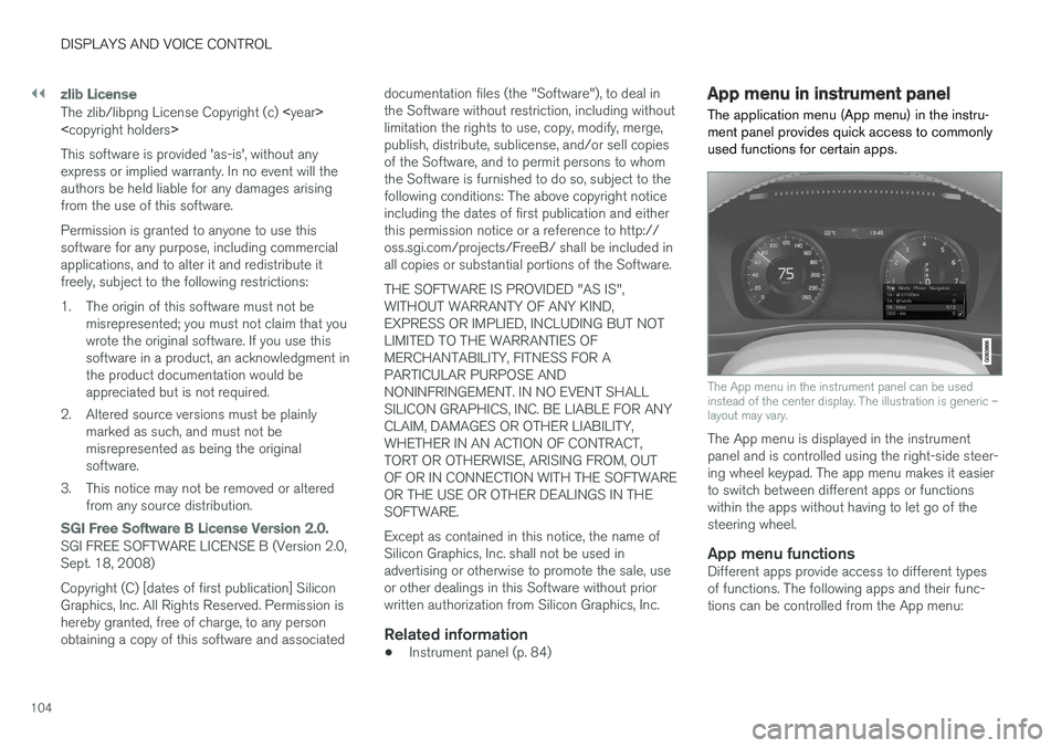 VOLVO V90 CROSS COUNTRY 2018 Owner´s Manual ||
DISPLAYS AND VOICE CONTROL
104
zlib License
The zlib/libpng License Copyright (c) <year >
< copyright holders >
This software is provided 'as-is', without any express or implied warranty. I VOLVO V90 CROSS COUNTRY 2018 Owner´s Manual ||
DISPLAYS AND VOICE CONTROL
104
zlib License
The zlib/libpng License Copyright (c) <year >
< copyright holders >
This software is provided 'as-is', without any express or implied warranty. I